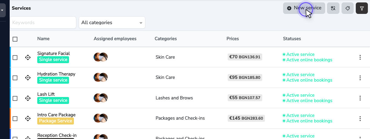 The New service button in the desktop services list