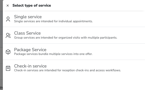 The service type selection dialog in desktop view