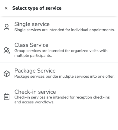 The service type selection dialog in mobile view