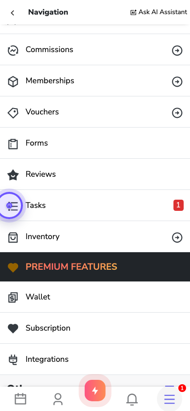 The “Tasks” entry with its counter in the main menu on a phone