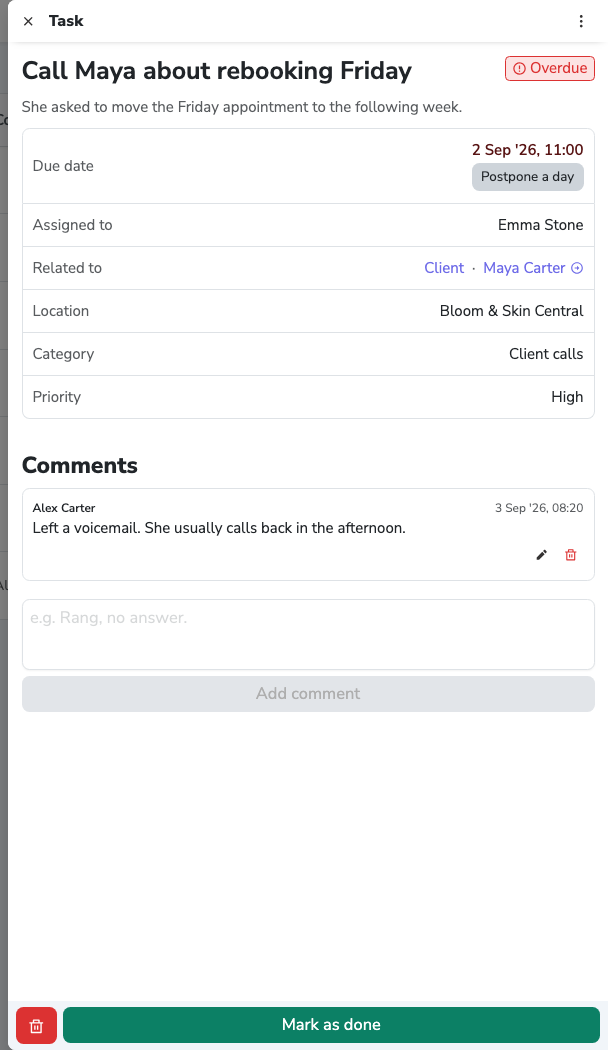 An open task with a “Related to” row pointing at a client, and a “Comments” section