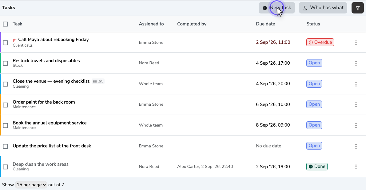 The task list in the desktop layout with the “New task” button