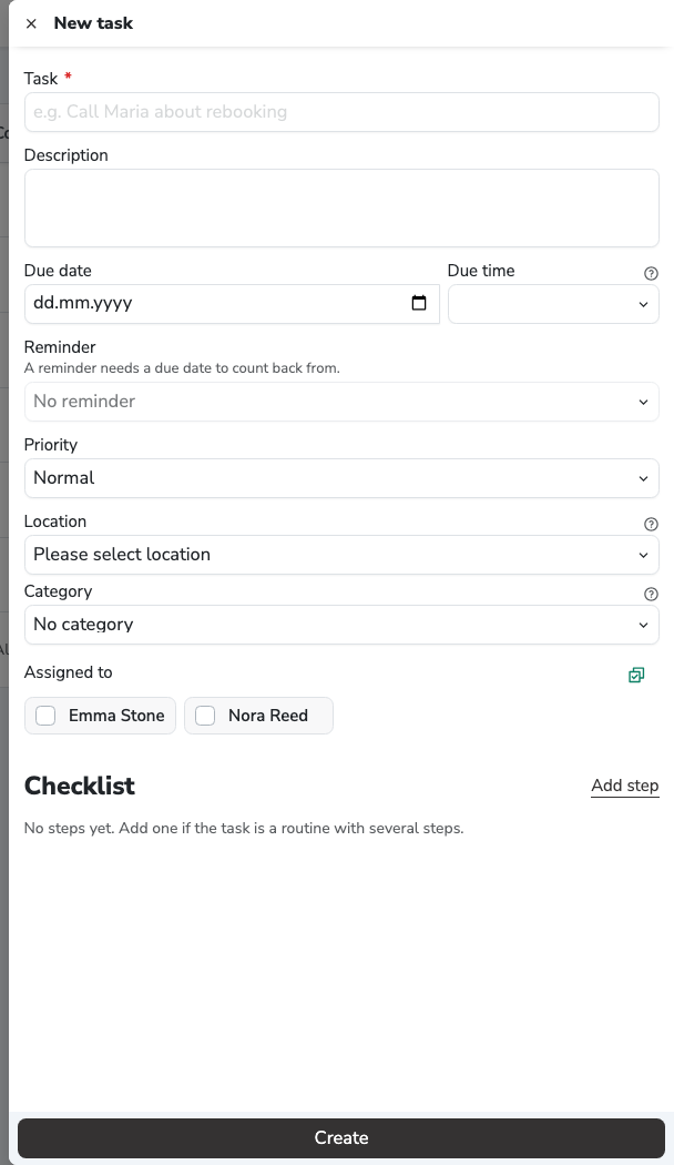 The “New task” form with the title, deadline, reminder, priority, location, category, assignee and checklist fields