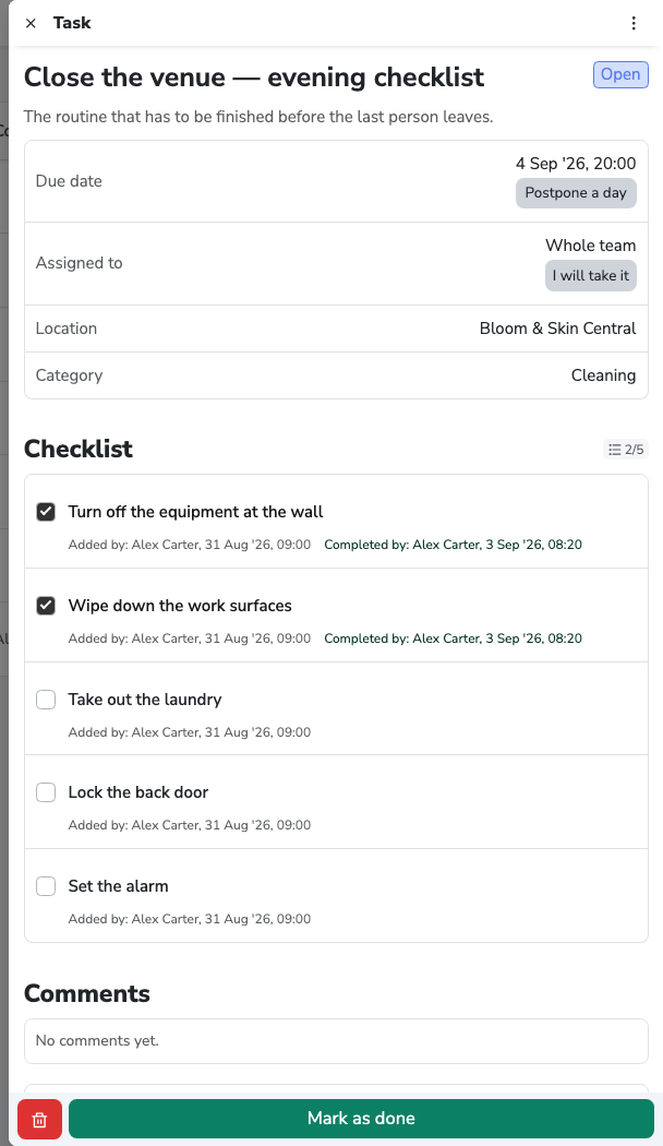 An open task with a 2/5 checklist, “Whole team” as the assignee and the “Postpone a day” and “I will take it” buttons