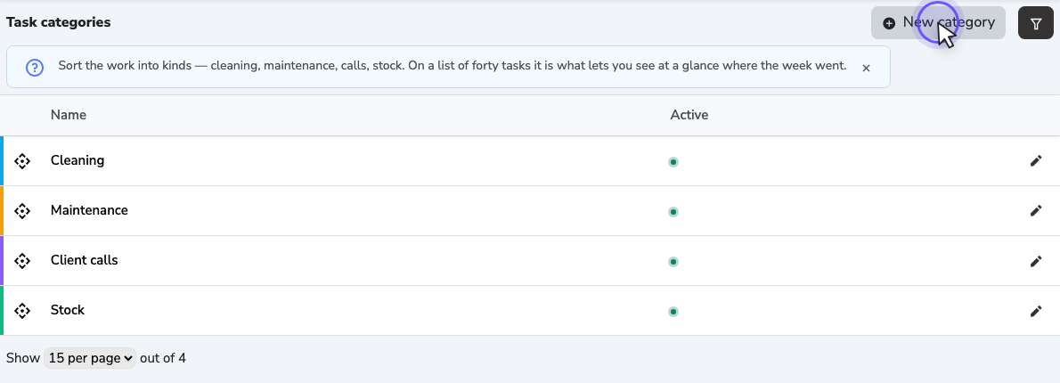 The “Task categories” list with the coloured row edges and the “New category” button