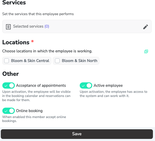 The services, locations, and status sections in the new employee form in desktop view