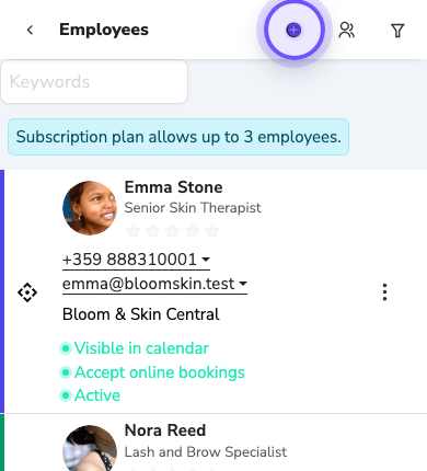 The plus button for a new employee in the mobile employees list