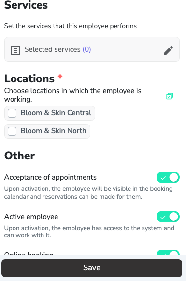 The services, locations, and status sections in the new employee form in mobile view
